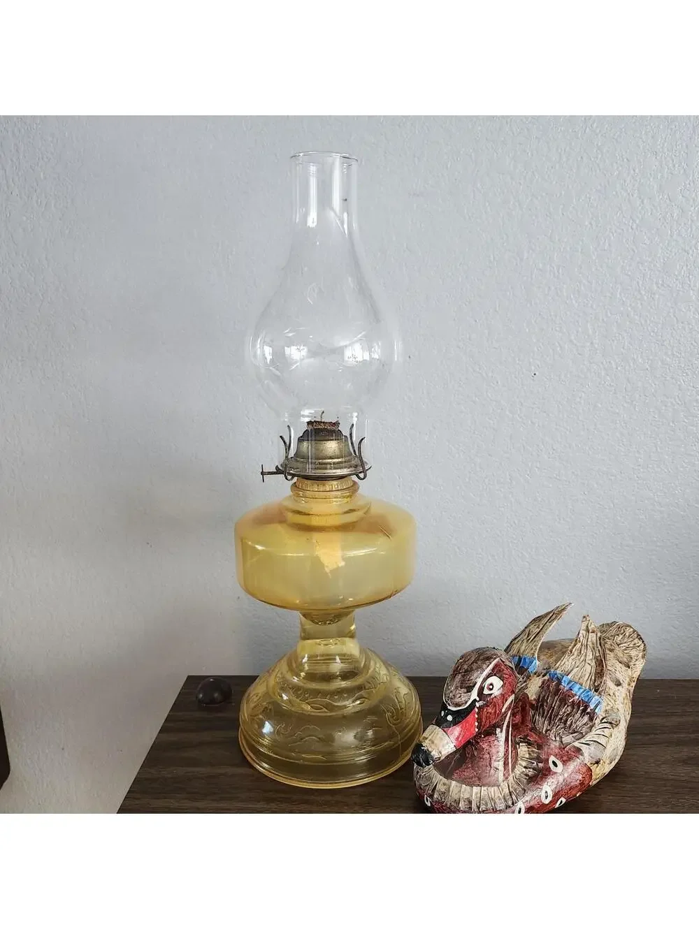 Large Vintage Amber Glass Hurricane Oil Lamp Scroll Design Wheat Print Globe